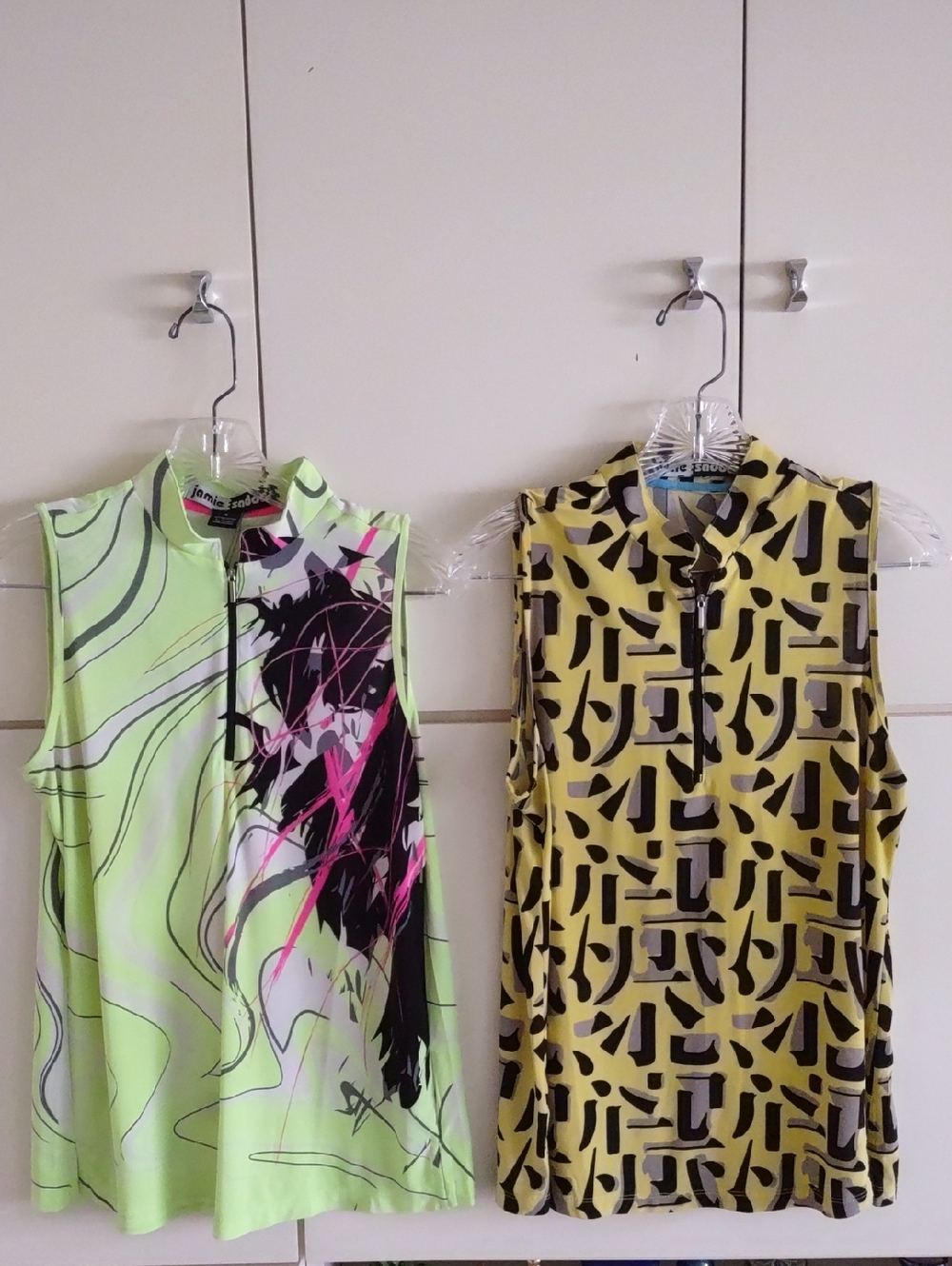 Jamie Sadock Yellow Zip-Front Golf Top with Black & Gray Abstract Print. Two Top